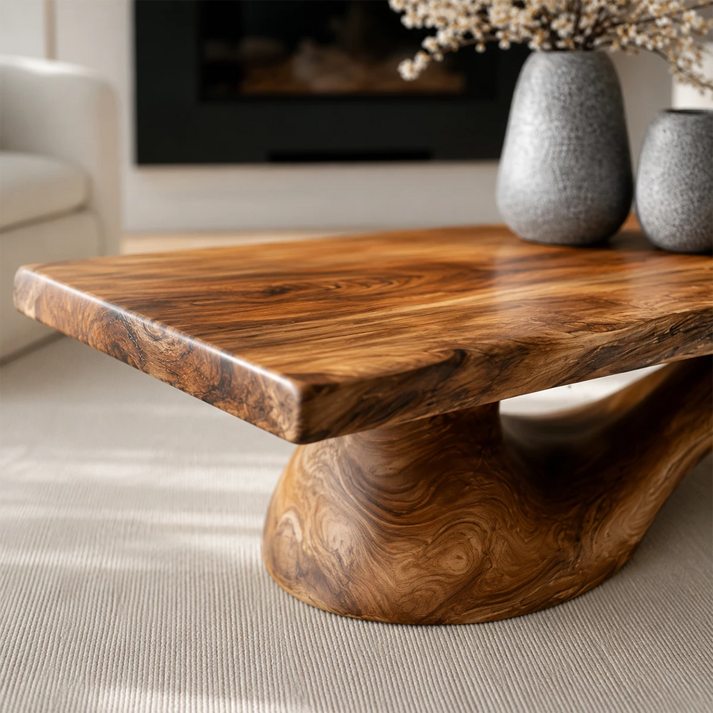 Organic Solid Wood Coffee Table With Live Edge Top And Sculptural Wave Base For Modern Living Room