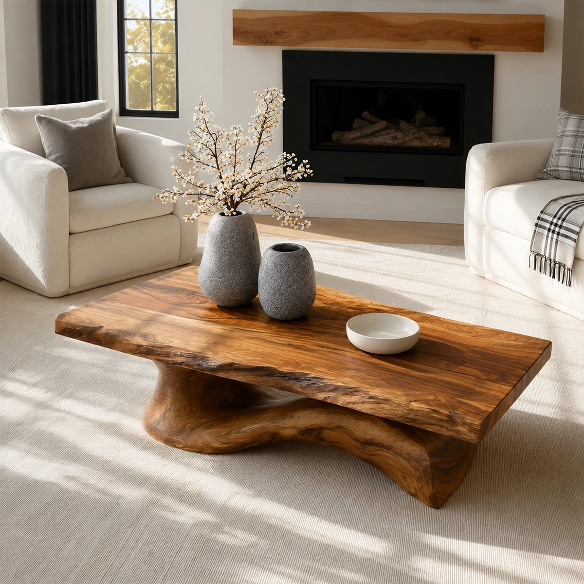 Organic Solid Wood Coffee Table With Live Edge Top And Sculptural Wave Base For Modern Living Room