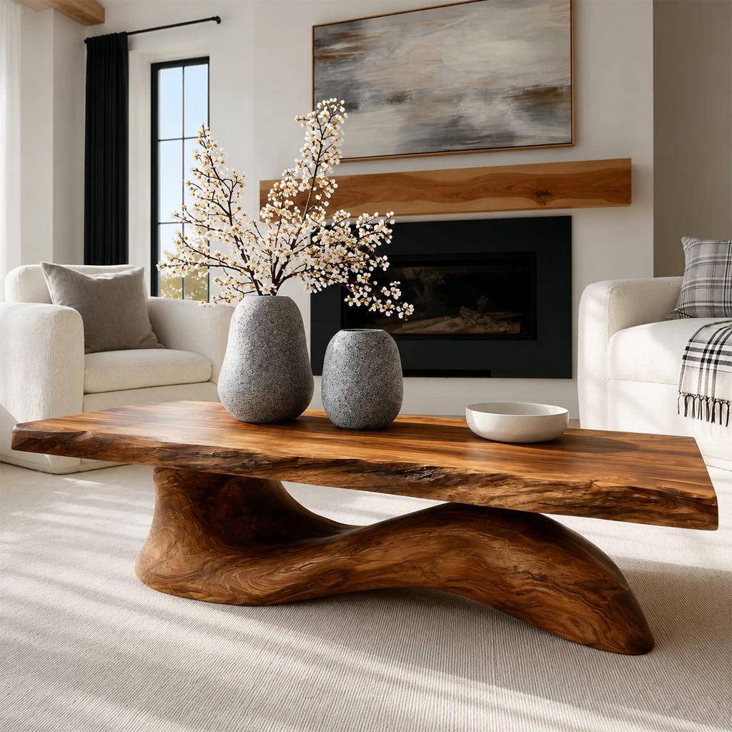 Organic Solid Wood Coffee Table With Live Edge Top And Sculptural Wave Base For Modern Living Room