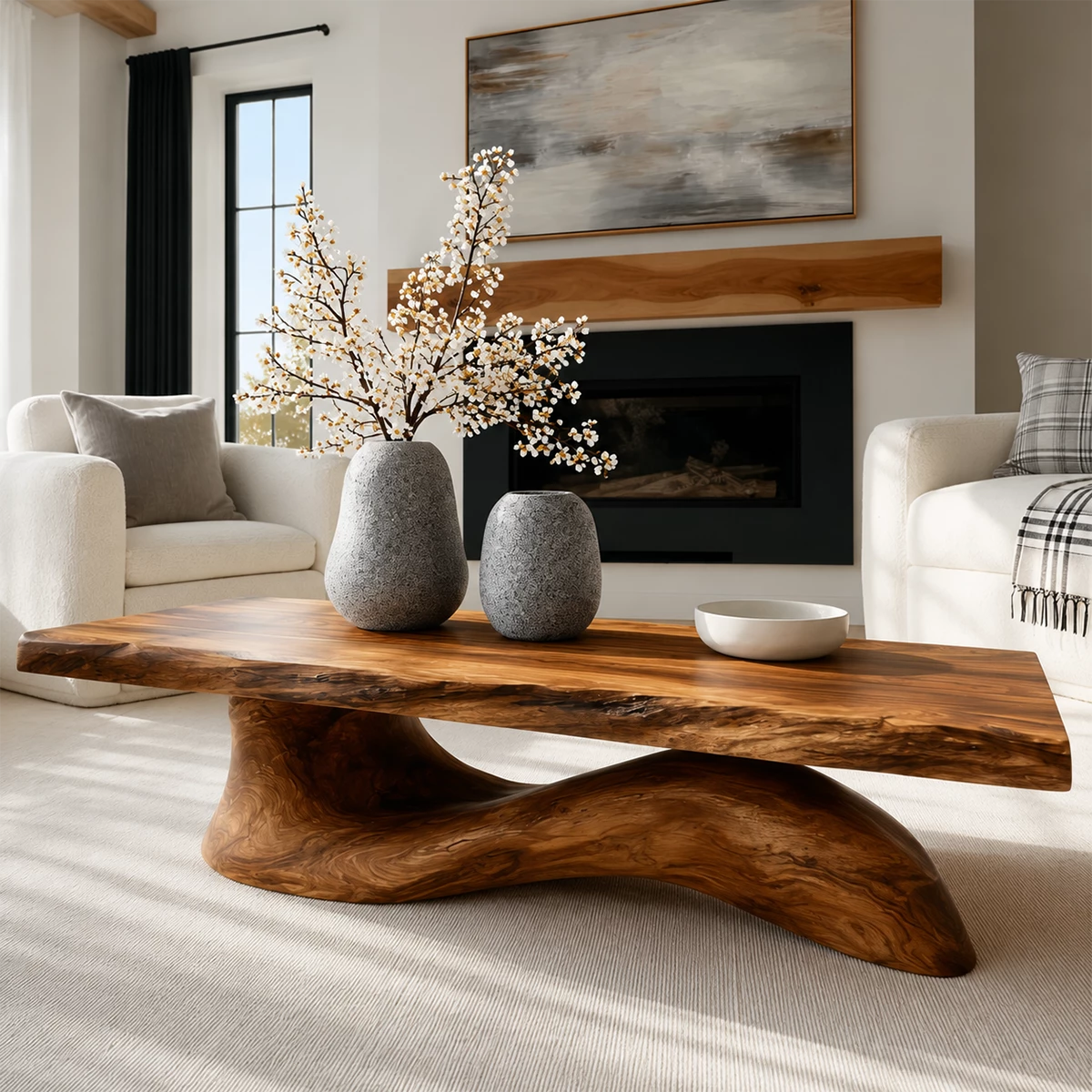 Organic Solid Wood Coffee Table With Live Edge Top And Sculptural Wave Base For Modern Living Room
