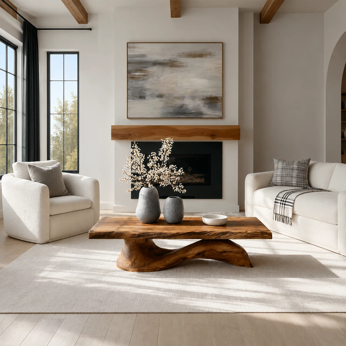 Organic Solid Wood Coffee Table With Live Edge Top And Sculptural Wave Base For Modern Living Room