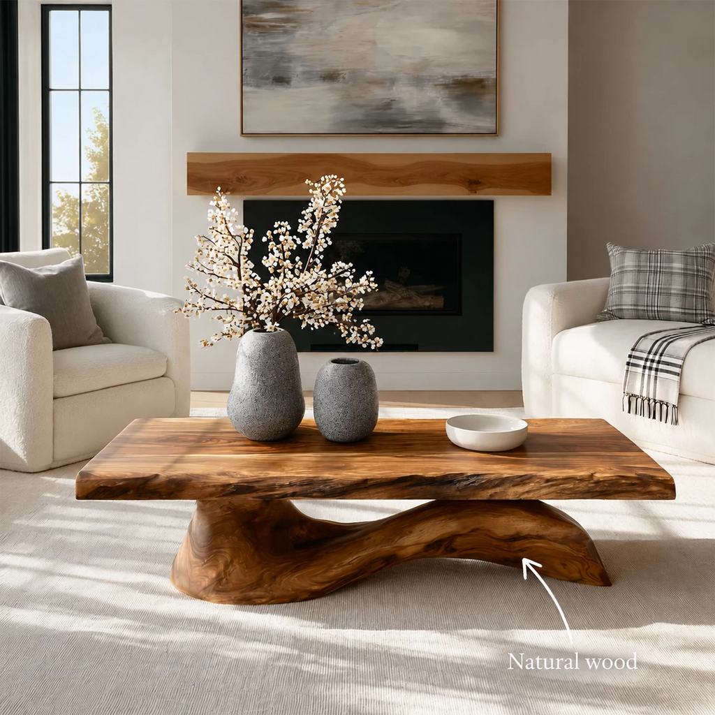 Organic Solid Wood Coffee Table With Live Edge Top And Sculptural Wave Base For Modern Living Room