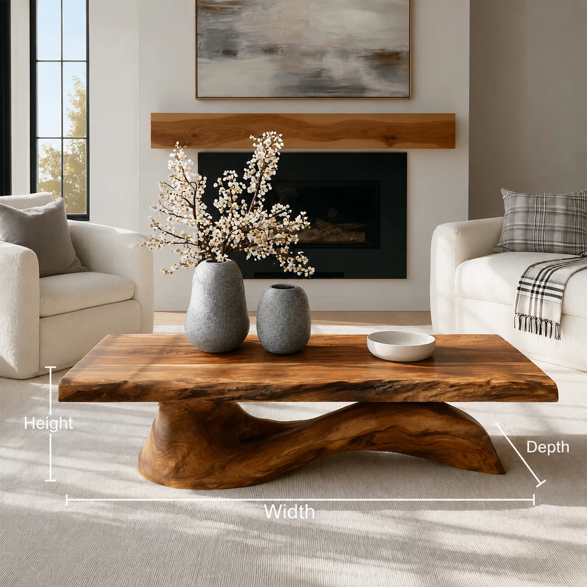 Organic Solid Wood Coffee Table With Live Edge Top And Sculptural Wave Base For Modern Living Room