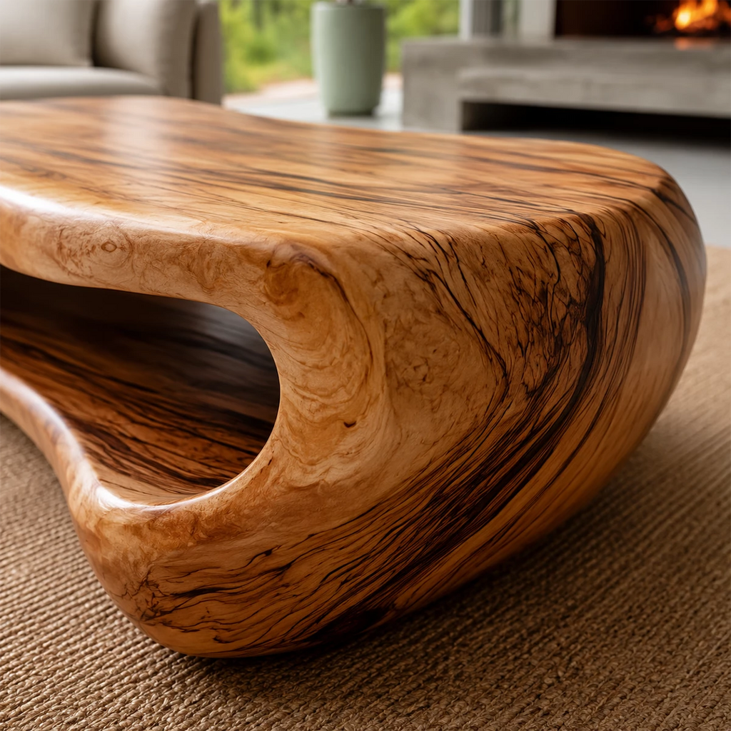 Organic Solid Wood Coffee Table With Rounded Hollow Base And Natural Wood Grain For Modern Living Room