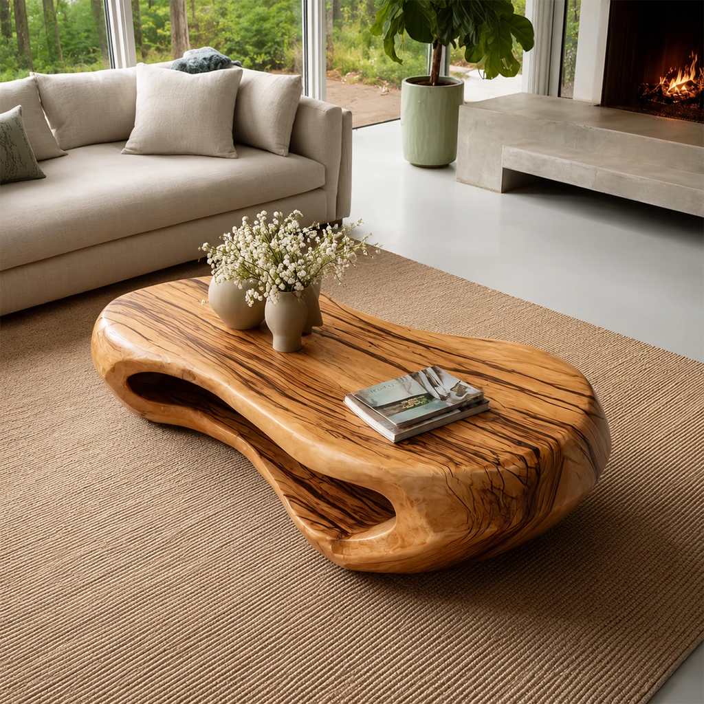 Organic Solid Wood Coffee Table With Rounded Hollow Base And Natural Wood Grain For Modern Living Room