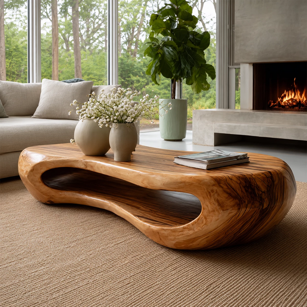Organic Solid Wood Coffee Table With Rounded Hollow Base And Natural Wood Grain For Modern Living Room