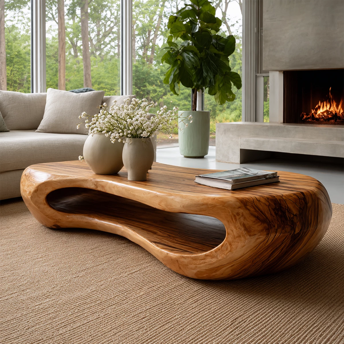 Organic Solid Wood Coffee Table With Rounded Hollow Base And Natural Wood Grain For Modern Living Room