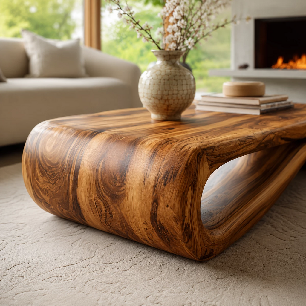 Organic Solid Wood Coffee Table With Curved Waterfall Base And Natural Wood Grain For Modern Living Room