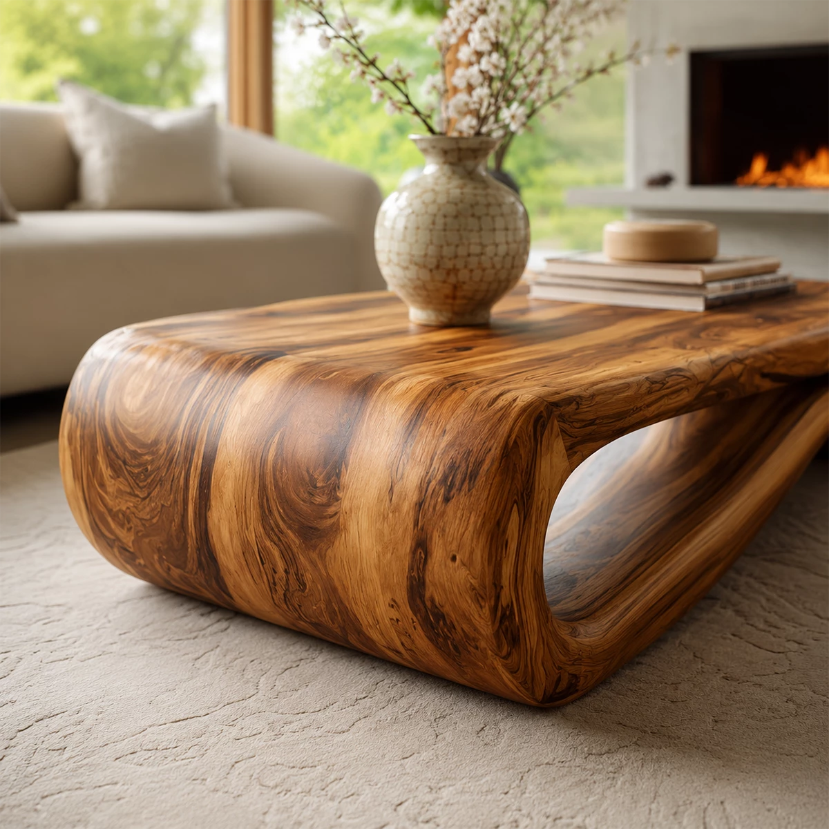 Organic Solid Wood Coffee Table With Curved Waterfall Base And Natural Wood Grain For Modern Living Room