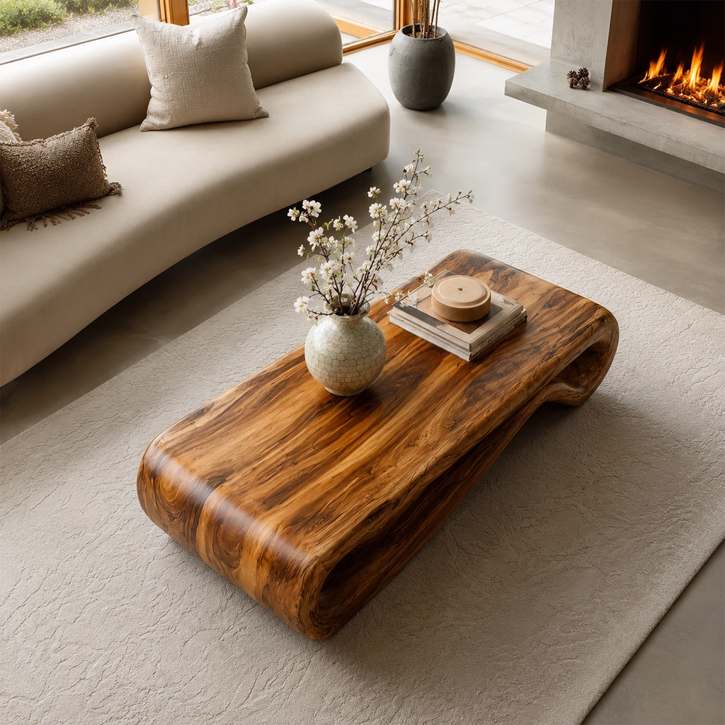 Organic Solid Wood Coffee Table With Curved Waterfall Base And Natural Wood Grain For Modern Living Room