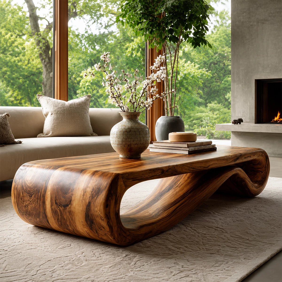 Organic Solid Wood Coffee Table With Curved Waterfall Base And Natural Wood Grain For Modern Living Room