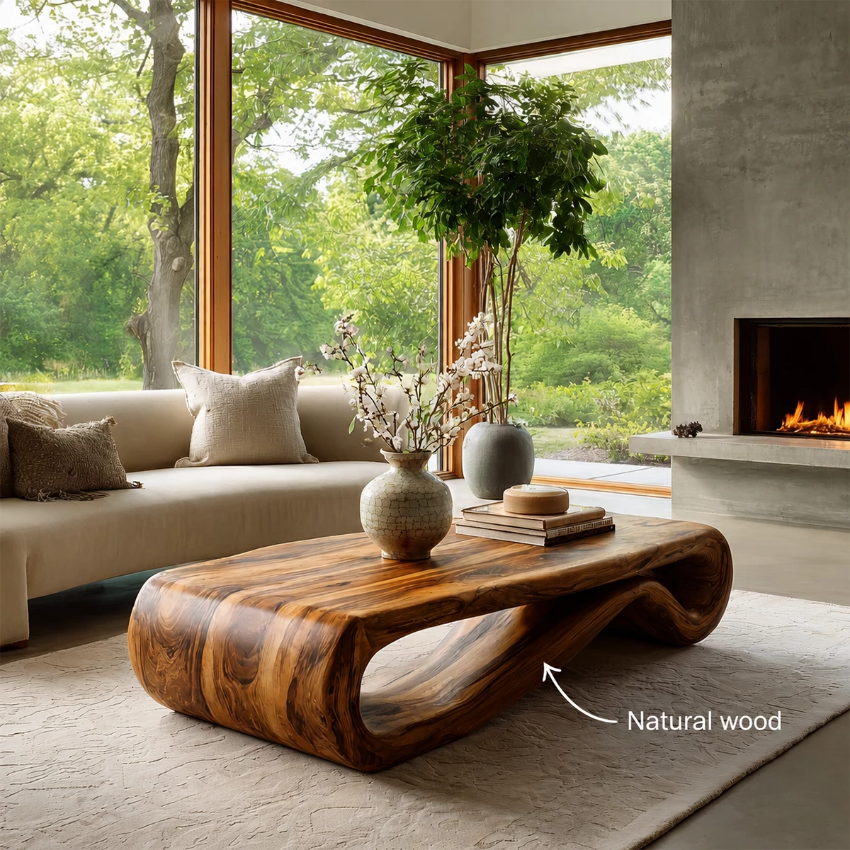 Organic Solid Wood Coffee Table With Curved Waterfall Base And Natural Wood Grain For Modern Living Room