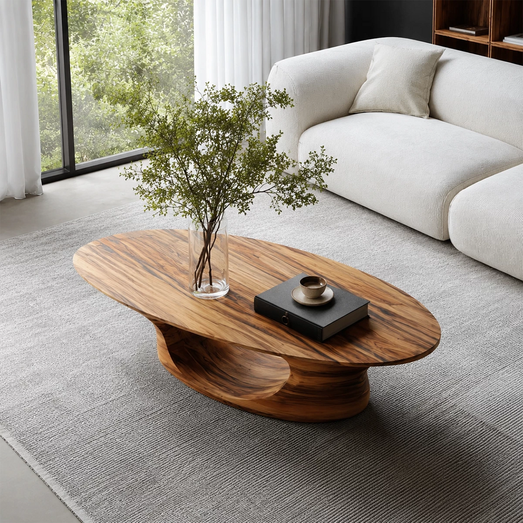 Modern Solid Wood Coffee Table With Sculptural Open Base And Natural Wood Grain For Living Room