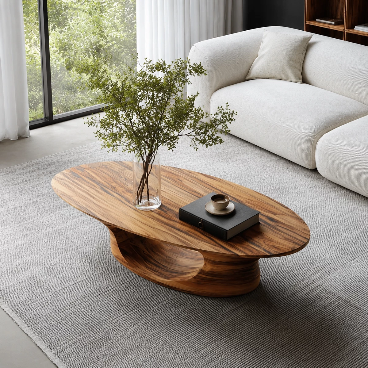 Modern Solid Wood Coffee Table With Sculptural Open Base And Natural Wood Grain For Living Room