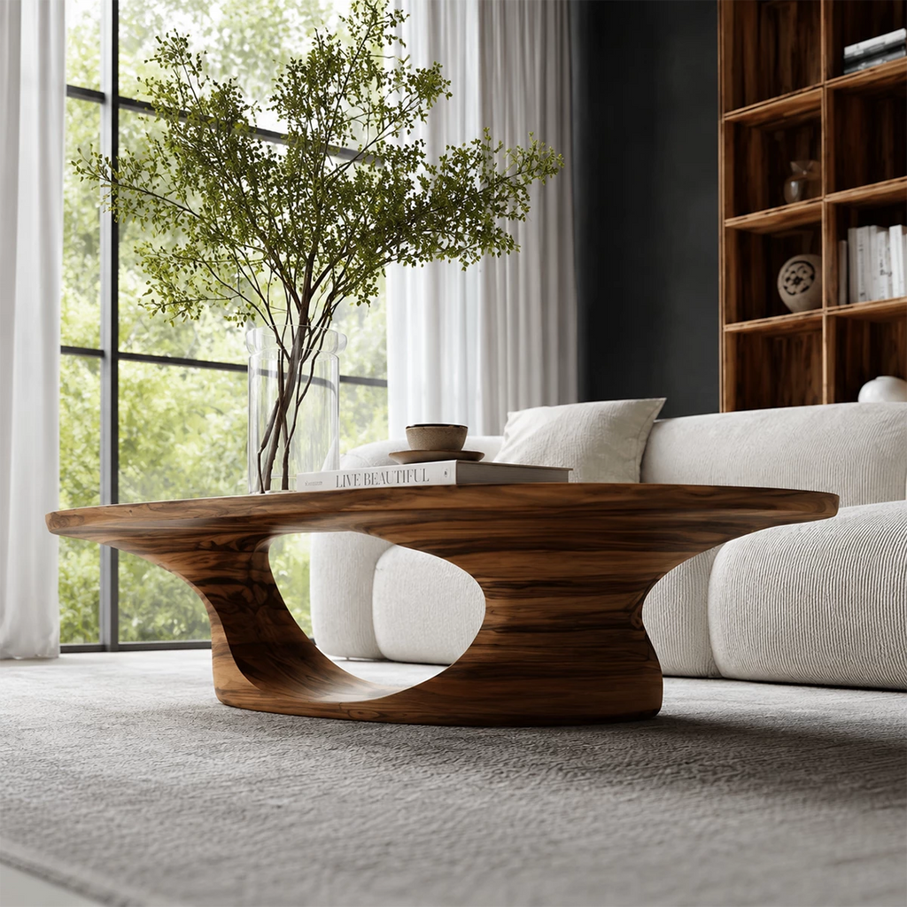 Modern Solid Wood Coffee Table With Sculptural Open Base And Natural Wood Grain For Living Room
