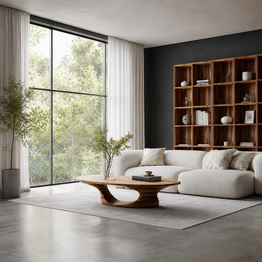 Modern Solid Wood Coffee Table With Sculptural Open Base And Natural Wood Grain For Living Room