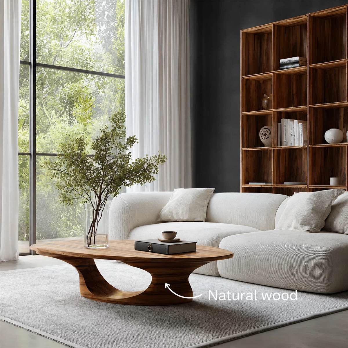 Modern Solid Wood Coffee Table With Sculptural Open Base And Natural Wood Grain For Living Room