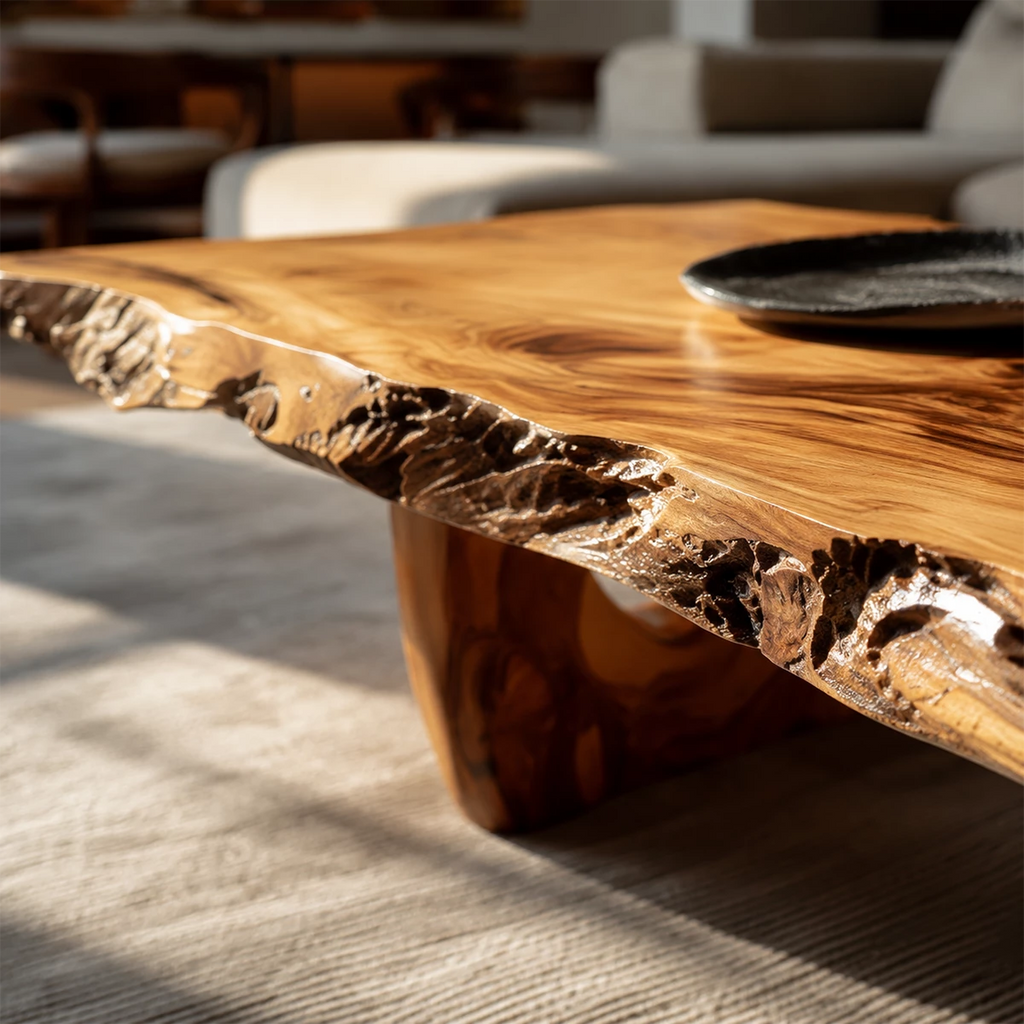 Live Edge Solid Wood Coffee Table With Sculptural Base And Natural Organic Shape For Modern Living Room