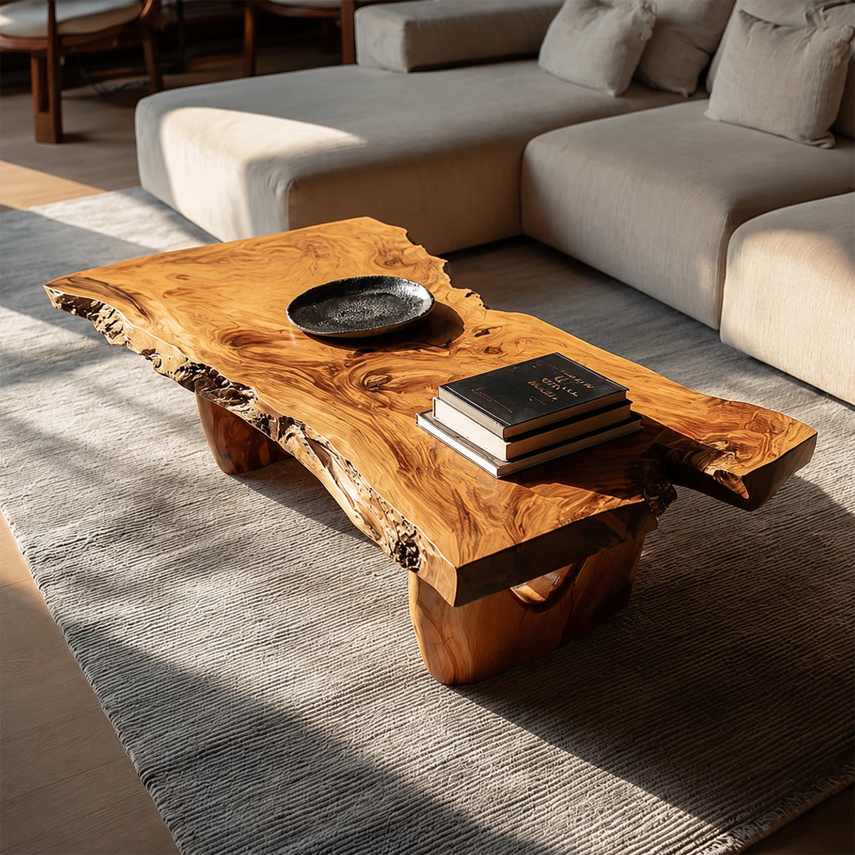 Live Edge Solid Wood Coffee Table With Sculptural Base And Natural Organic Shape For Modern Living Room