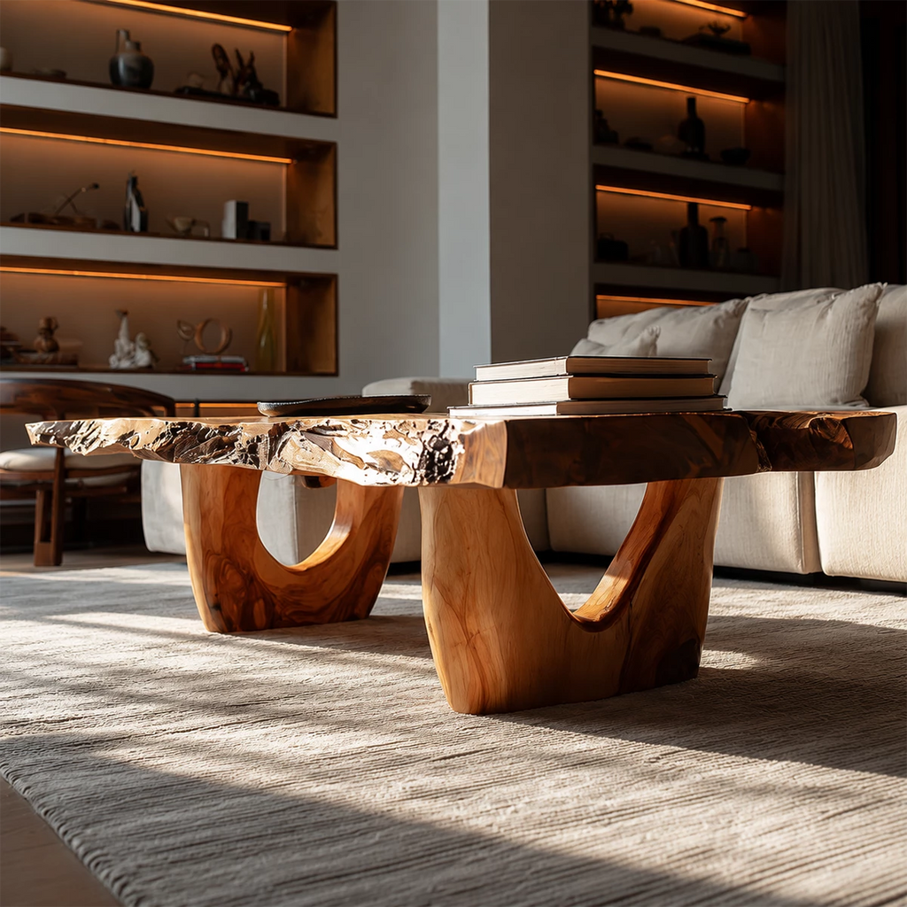 Live Edge Solid Wood Coffee Table With Sculptural Base And Natural Organic Shape For Modern Living Room