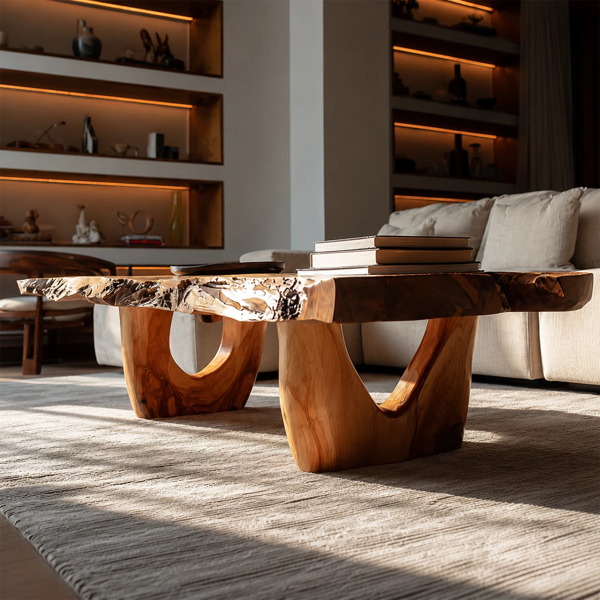 Live Edge Solid Wood Coffee Table With Sculptural Base And Natural Organic Shape For Modern Living Room