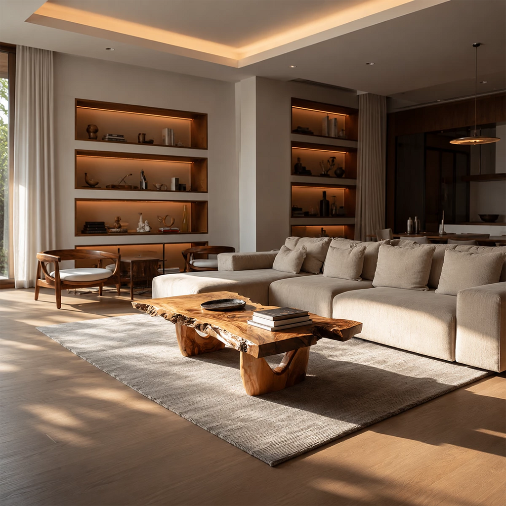 Live Edge Solid Wood Coffee Table With Sculptural Base And Natural Organic Shape For Modern Living Room