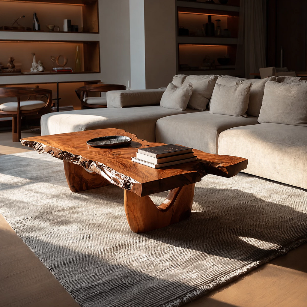 Live Edge Solid Wood Coffee Table With Sculptural Base And Natural Organic Shape For Modern Living Room