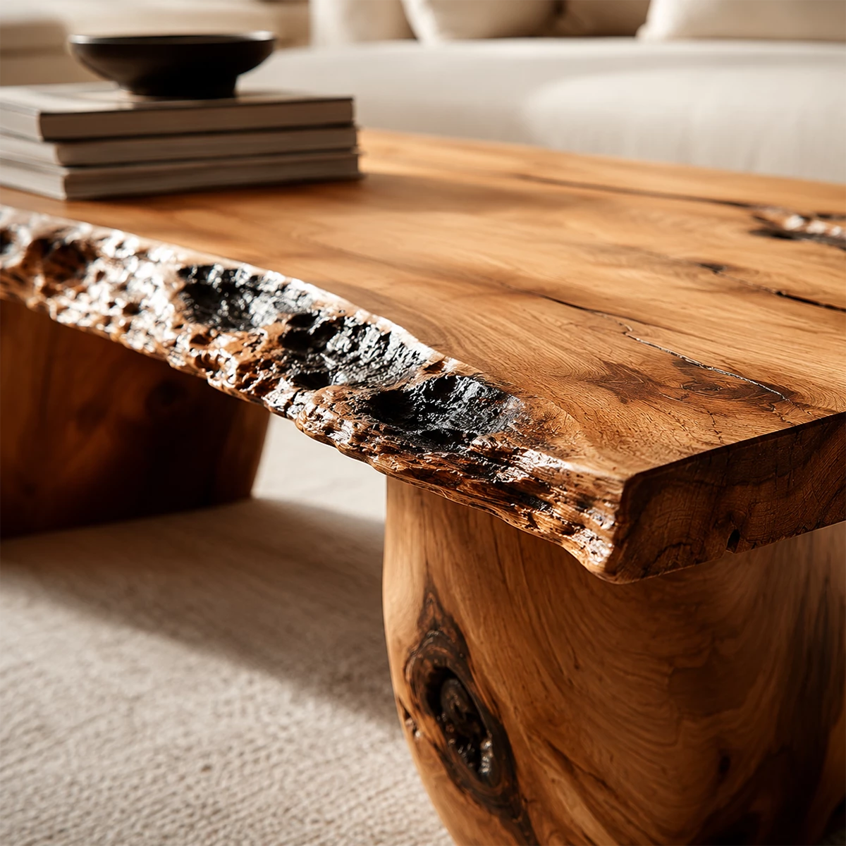 Live Edge Solid Wood Coffee Table With Rustic Natural Top And Block Legs For Modern Living Room
