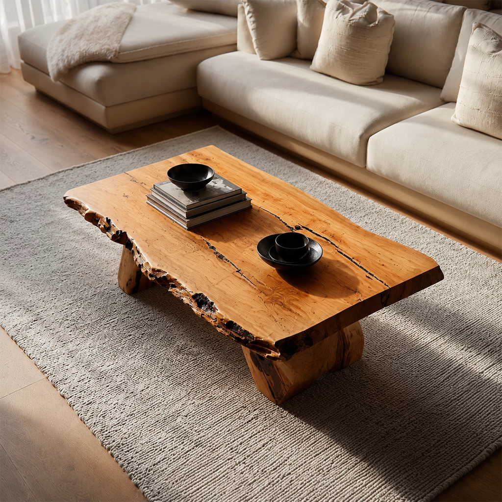Live Edge Solid Wood Coffee Table With Rustic Natural Top And Block Legs For Modern Living Room