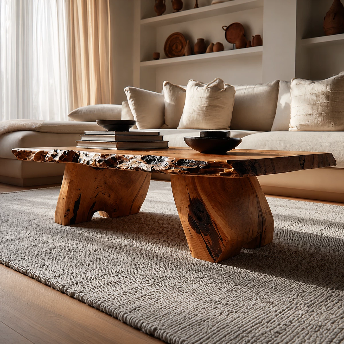 Live Edge Solid Wood Coffee Table With Rustic Natural Top And Block Legs For Modern Living Room