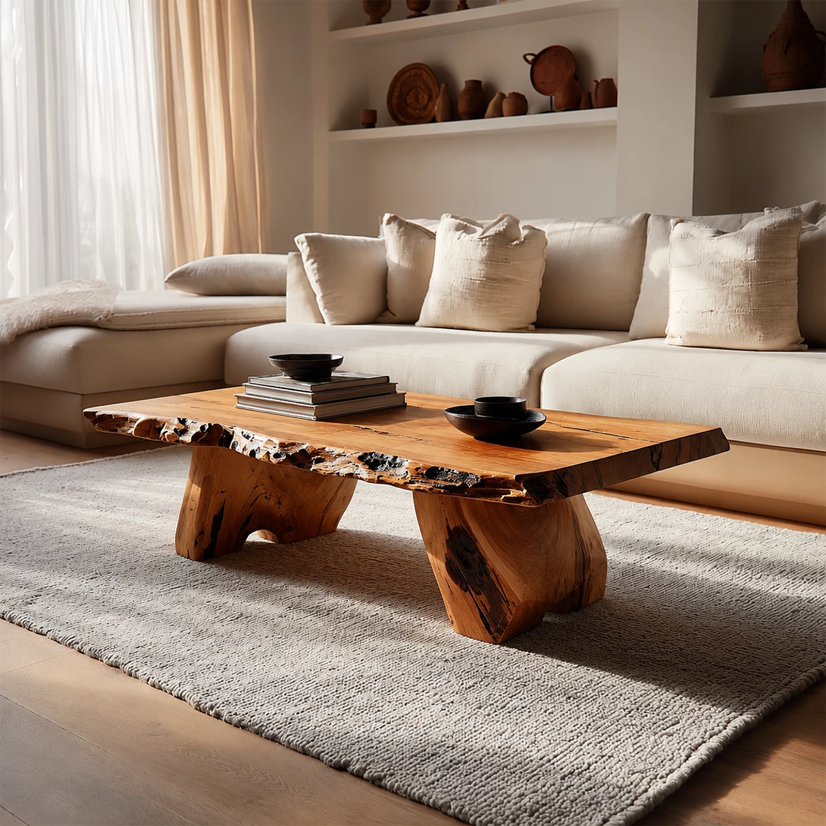 Live Edge Solid Wood Coffee Table With Rustic Natural Top And Block Legs For Modern Living Room