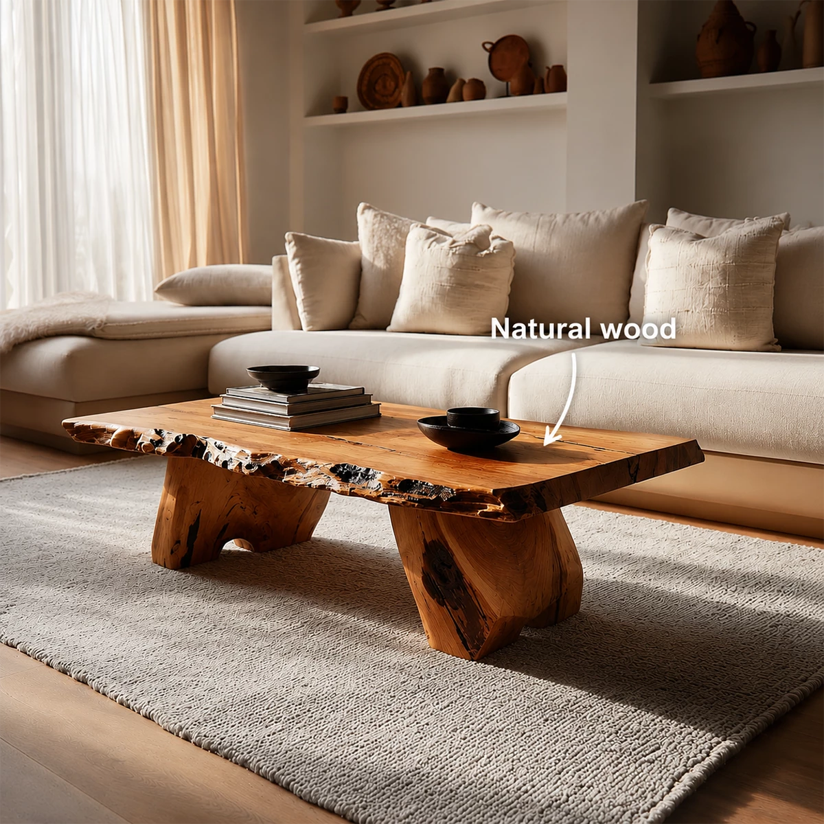 Live Edge Solid Wood Coffee Table With Rustic Natural Top And Block Legs For Modern Living Room