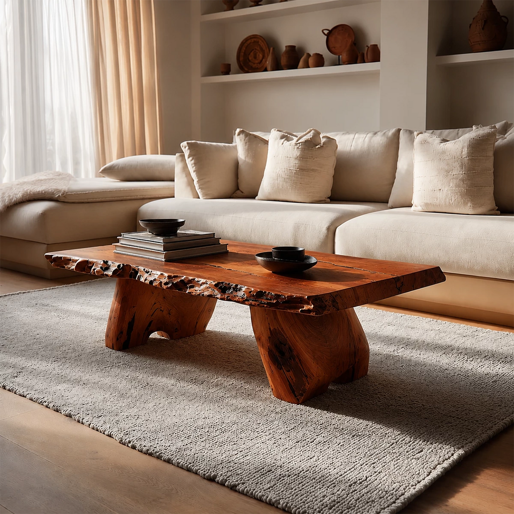 Live Edge Solid Wood Coffee Table With Rustic Natural Top And Block Legs For Modern Living Room