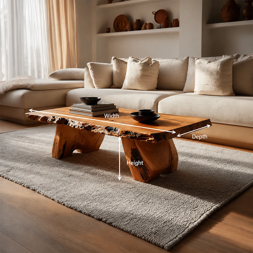 Live Edge Solid Wood Coffee Table With Rustic Natural Top And Block Legs For Modern Living Room
