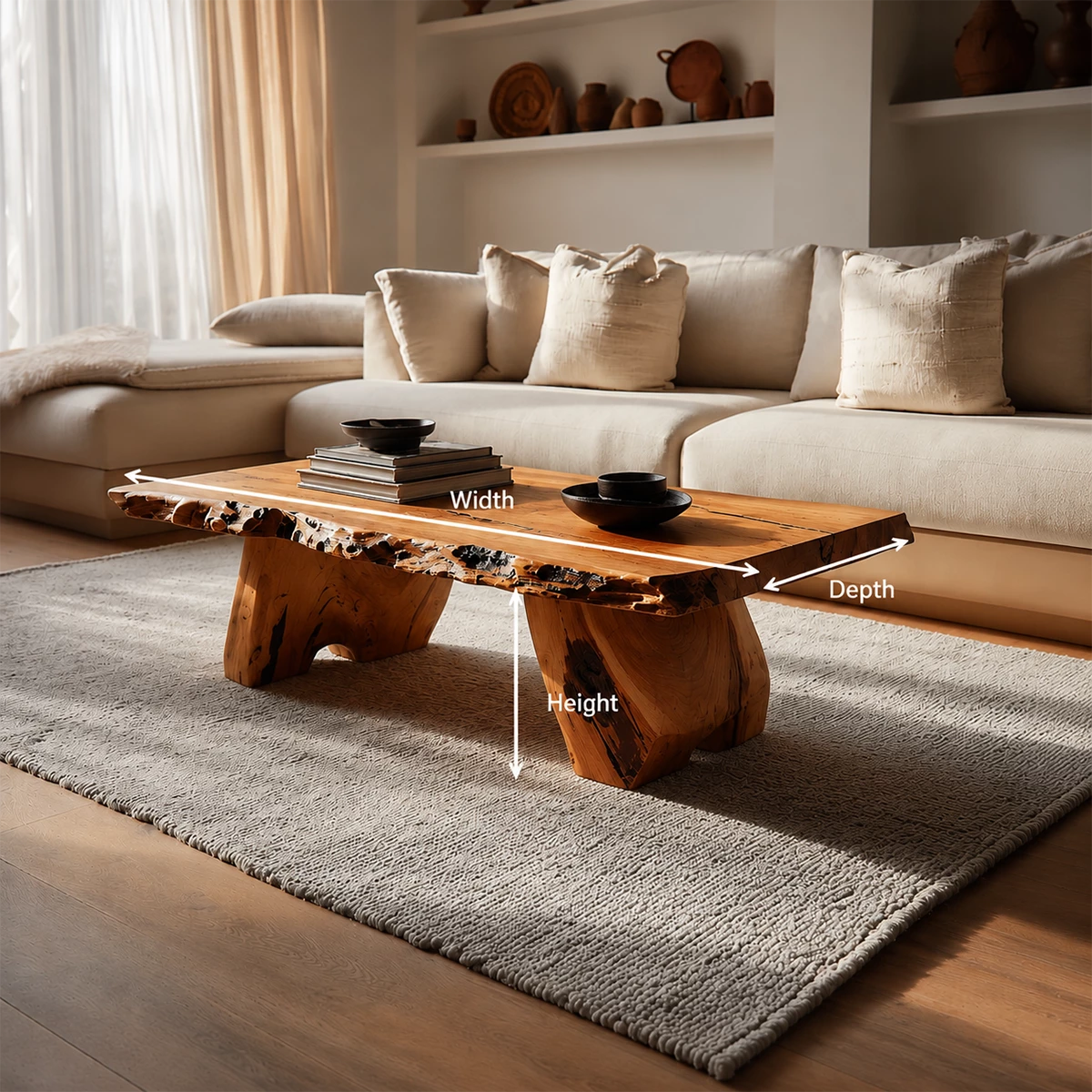 Live Edge Solid Wood Coffee Table With Rustic Natural Top And Block Legs For Modern Living Room