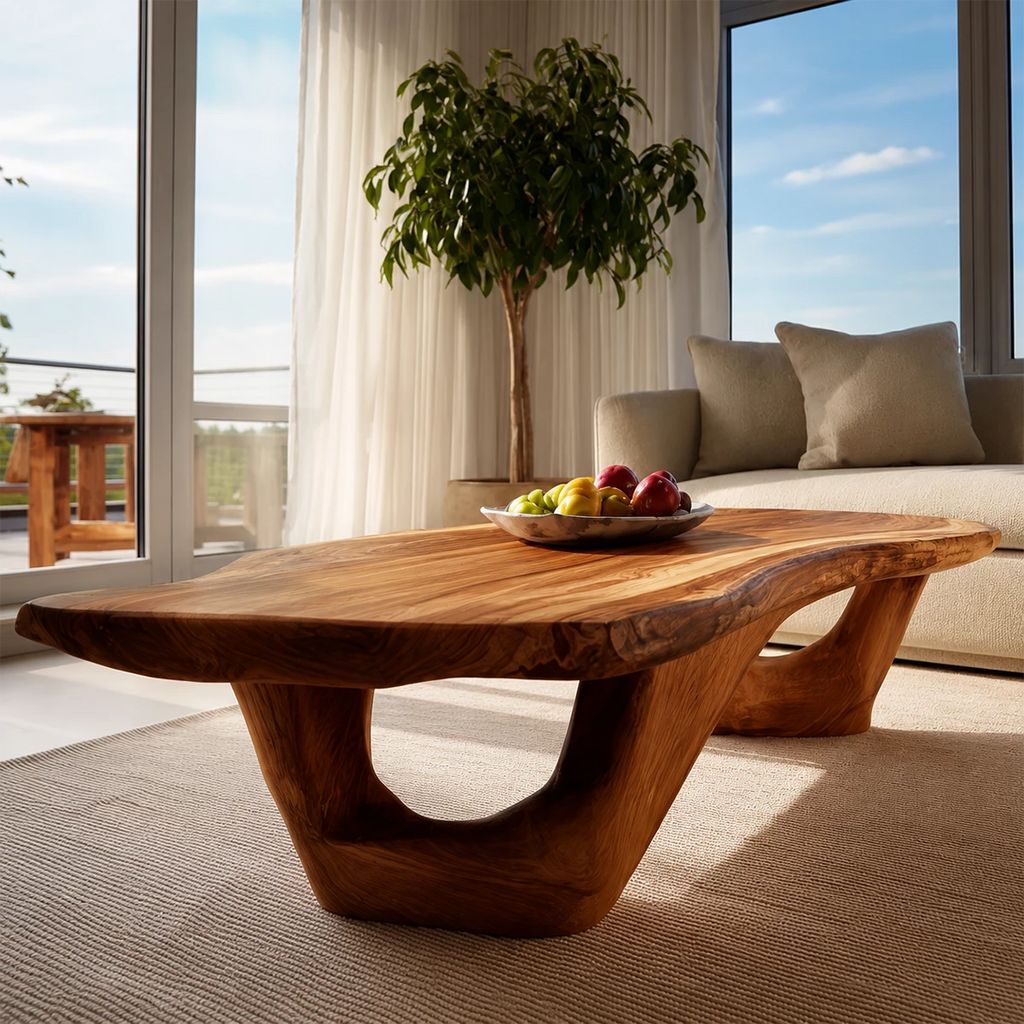 Organic Solid Wood Coffee Table With Live Edge Top And Sculptural Open Base For Modern Living Room