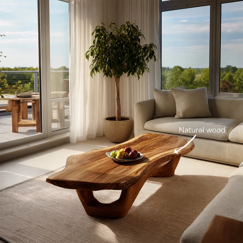 Organic Solid Wood Coffee Table With Live Edge Top And Sculptural Open Base For Modern Living Room