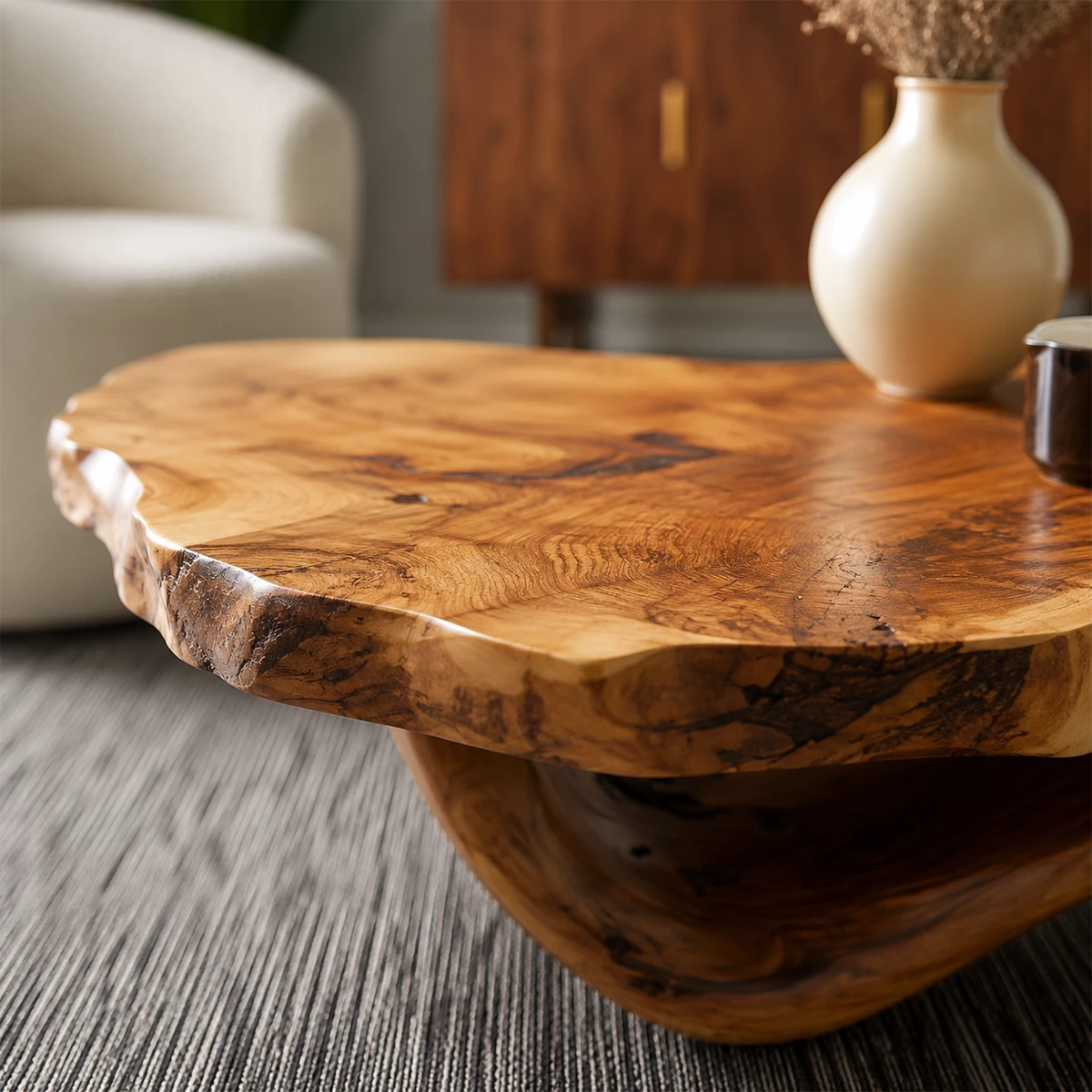 Live Edge Solid Wood Coffee Table With Sculptural Wave Base And Natural Organic Top For Modern Living Room