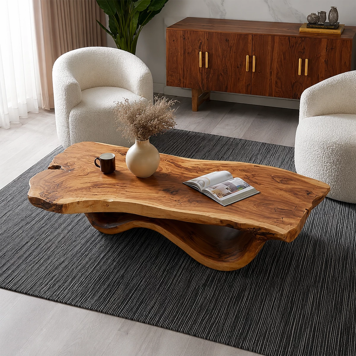 Live Edge Solid Wood Coffee Table With Sculptural Wave Base And Natural Organic Top For Modern Living Room