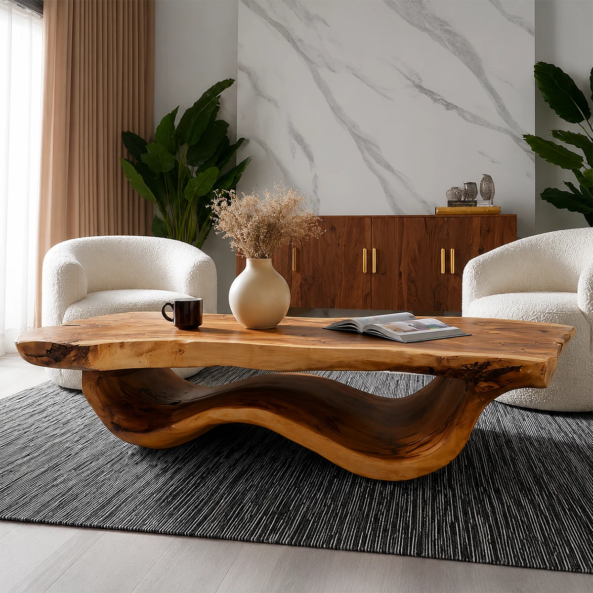 Live Edge Solid Wood Coffee Table With Sculptural Wave Base And Natural Organic Top For Modern Living Room