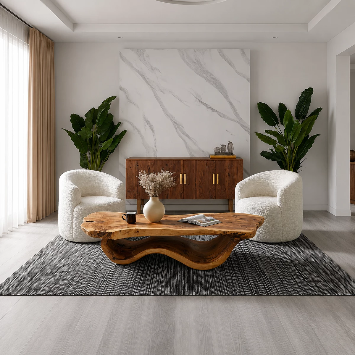Live Edge Solid Wood Coffee Table With Sculptural Wave Base And Natural Organic Top For Modern Living Room