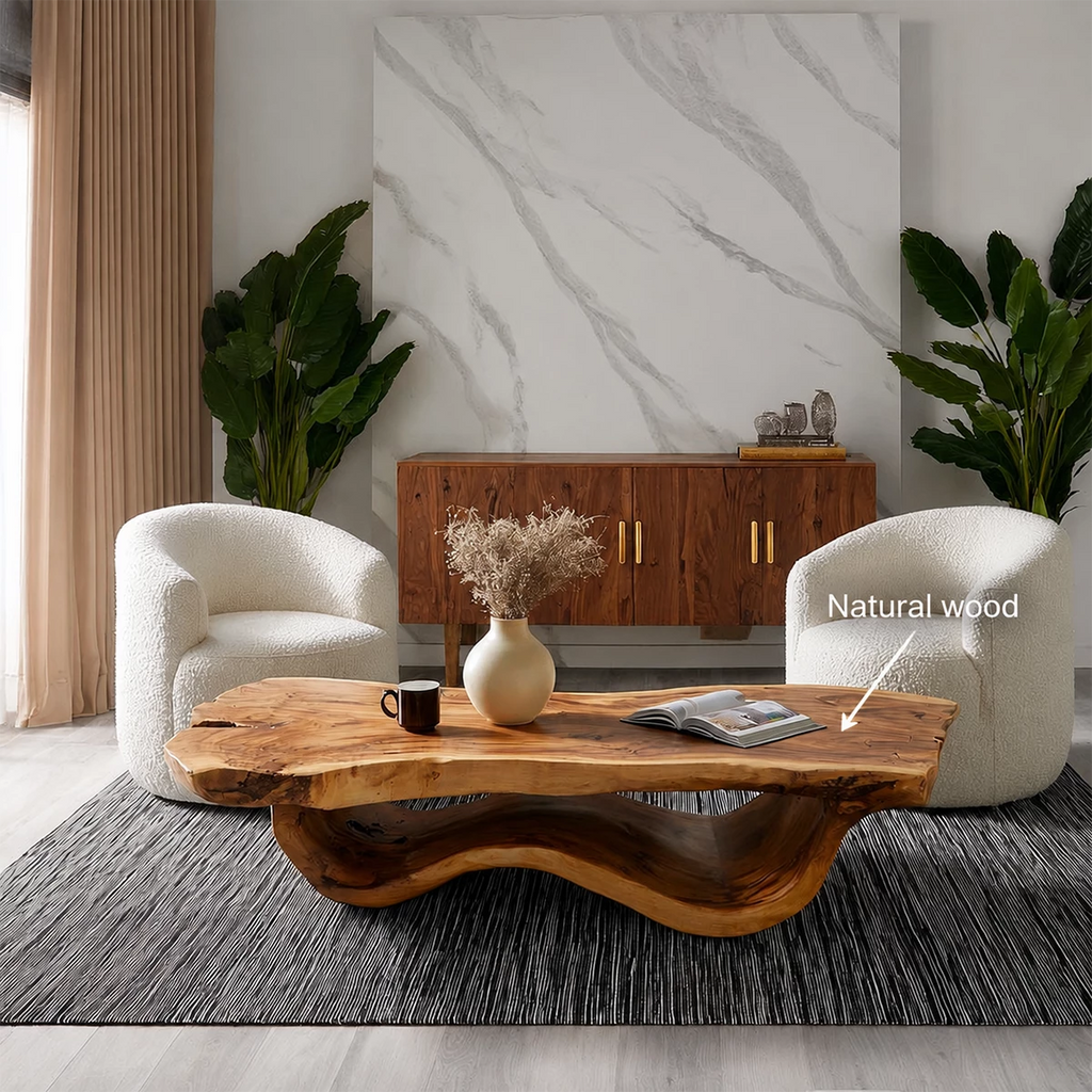 Live Edge Solid Wood Coffee Table With Sculptural Wave Base And Natural Organic Top For Modern Living Room