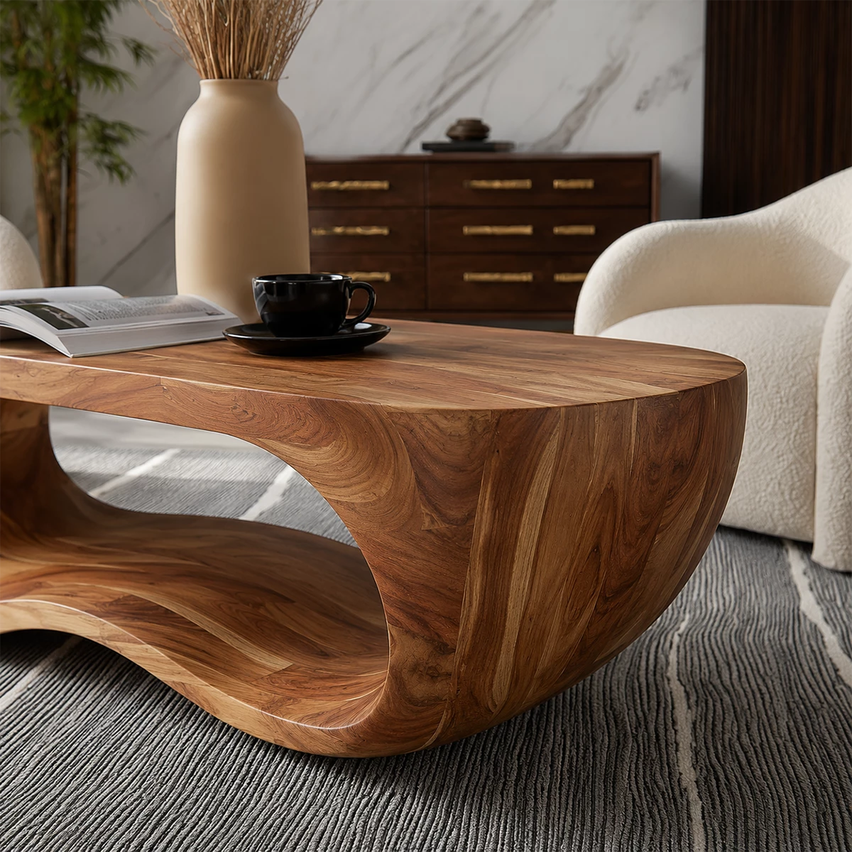 Organic Solid Wood Coffee Table With Sculptural Hollow Base And Rounded Natural Top For Modern Living Room