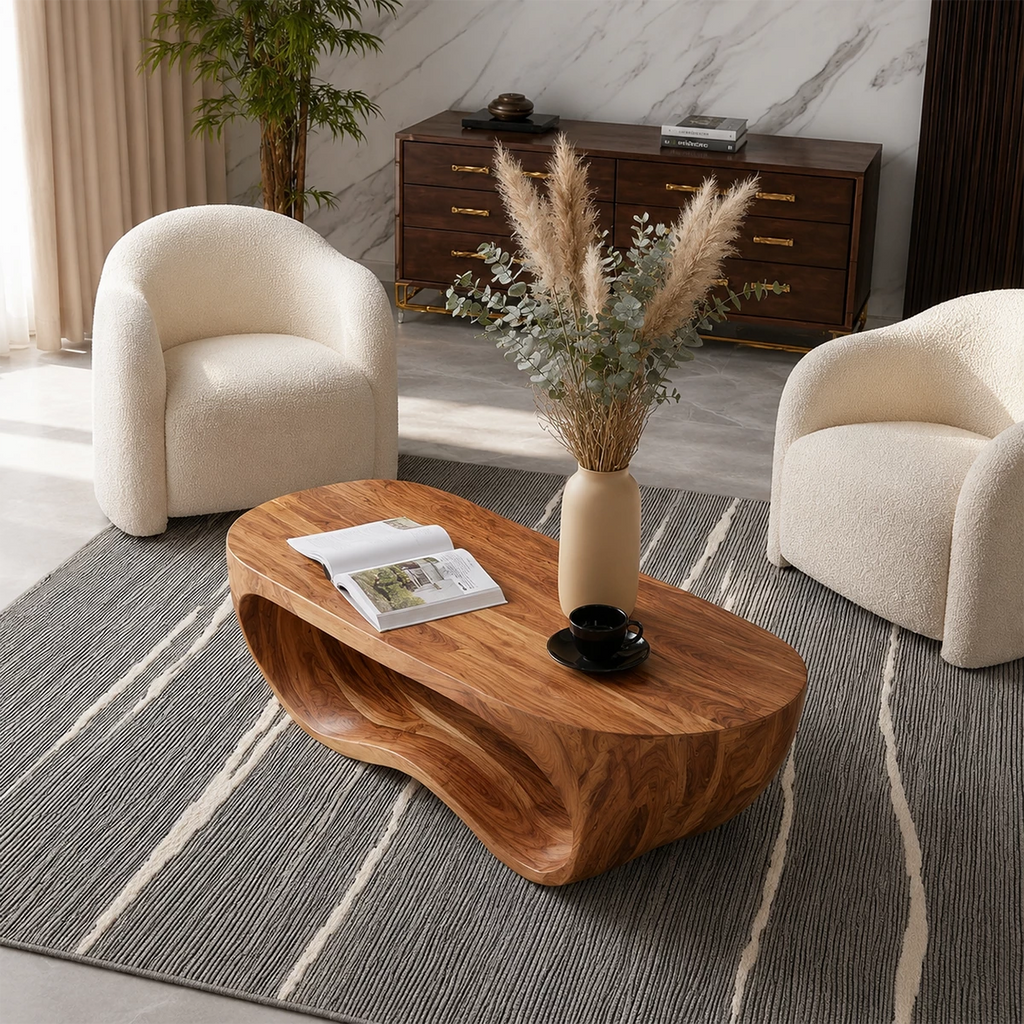 Organic Solid Wood Coffee Table With Sculptural Hollow Base And Rounded Natural Top For Modern Living Room
