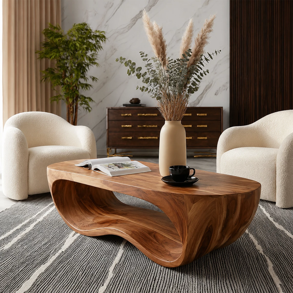 Organic Solid Wood Coffee Table With Sculptural Hollow Base And Rounded Natural Top For Modern Living Room