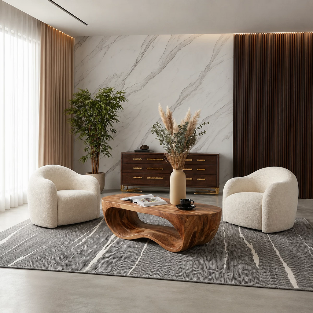 Organic Solid Wood Coffee Table With Sculptural Hollow Base And Rounded Natural Top For Modern Living Room