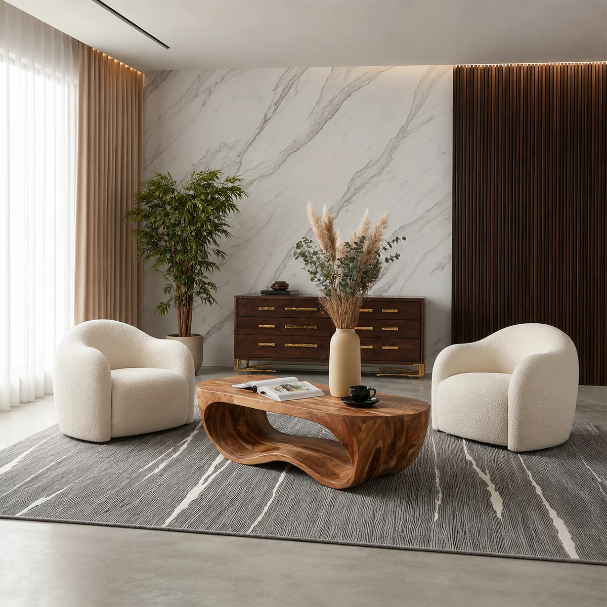 Organic Solid Wood Coffee Table With Sculptural Hollow Base And Rounded Natural Top For Modern Living Room