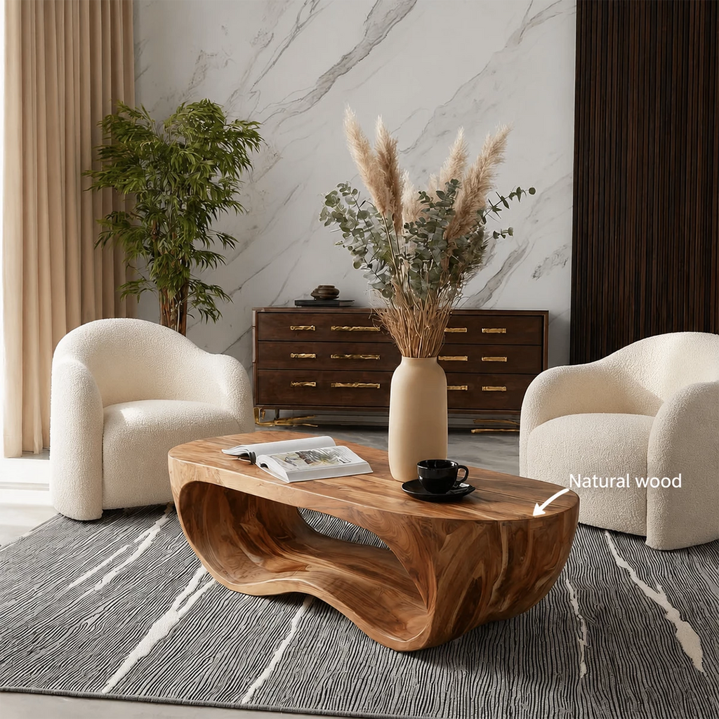 Organic Solid Wood Coffee Table With Sculptural Hollow Base And Rounded Natural Top For Modern Living Room