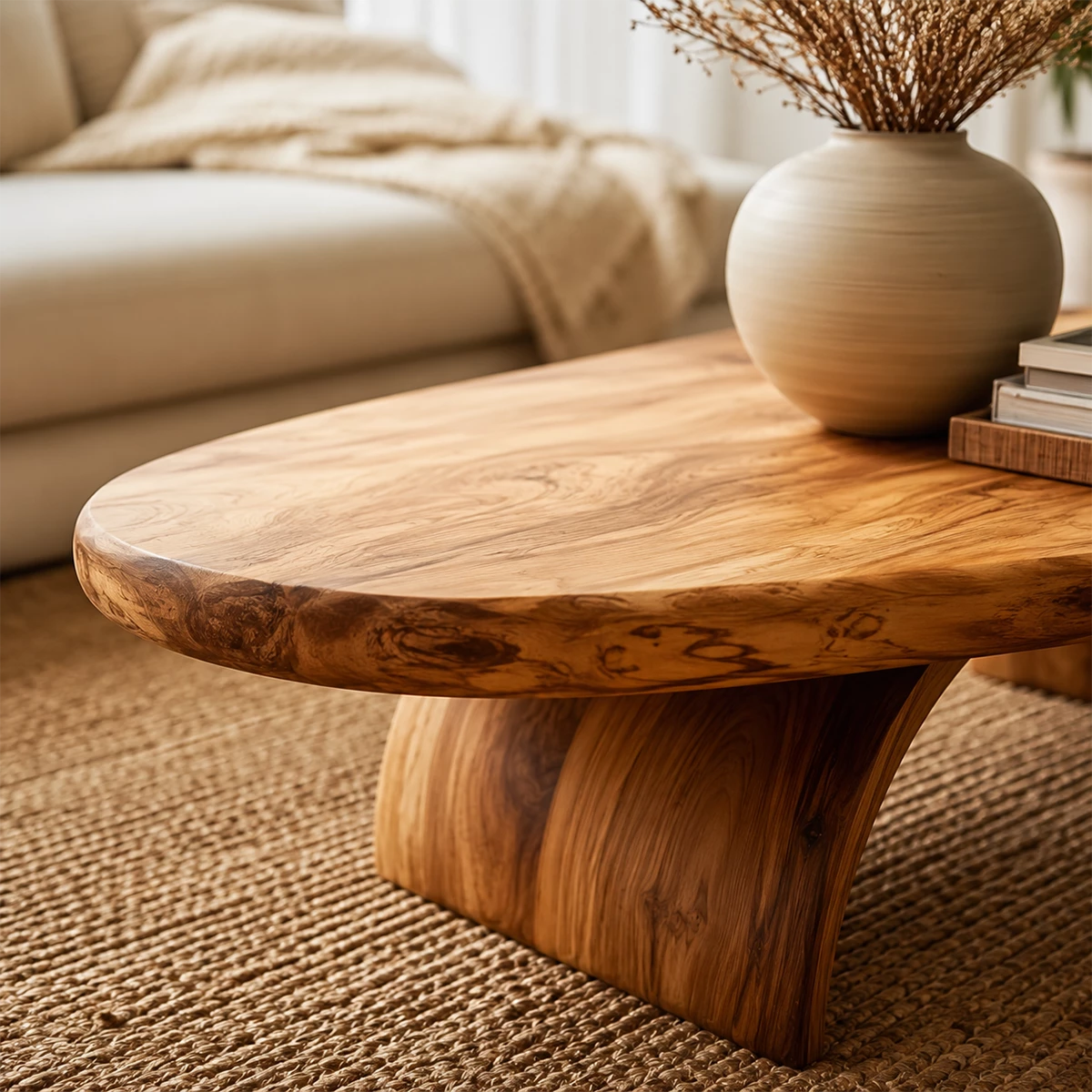 Round Organic Solid Wood Coffee Table With Live Edge Top And Sculptural Block Legs For Modern Living Room