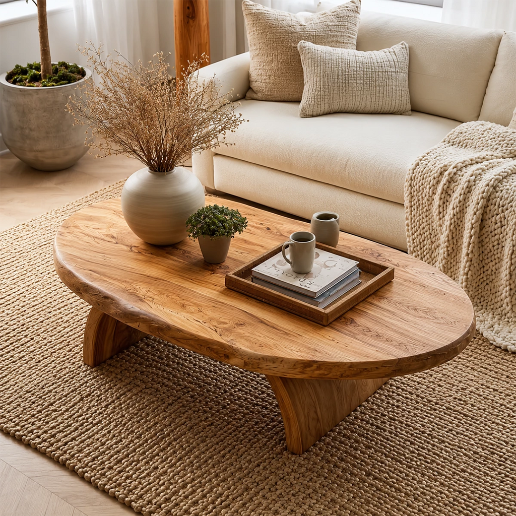 Round Organic Solid Wood Coffee Table With Live Edge Top And Sculptural Block Legs For Modern Living Room